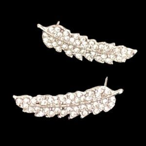 Sparkly Feather Ear Crawler Silver Tone Earrings, Angel Wings, Leaf Studs Gift